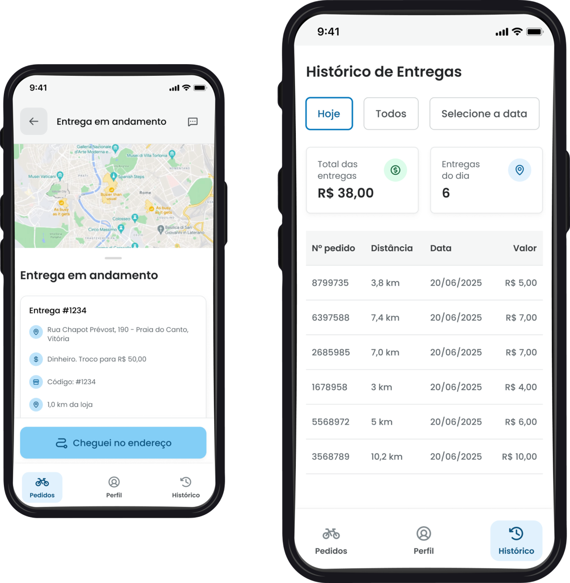 App do entregador da Yooga com entrega em andamento e histórico