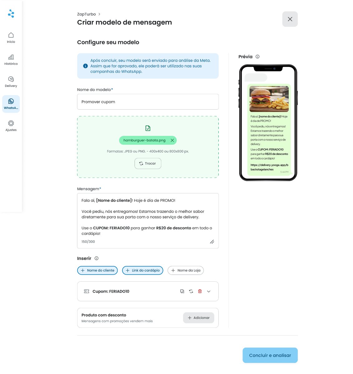 Criação de modelo de mensagem do ZapTurbo no sistema Yooga, com prévia no celular