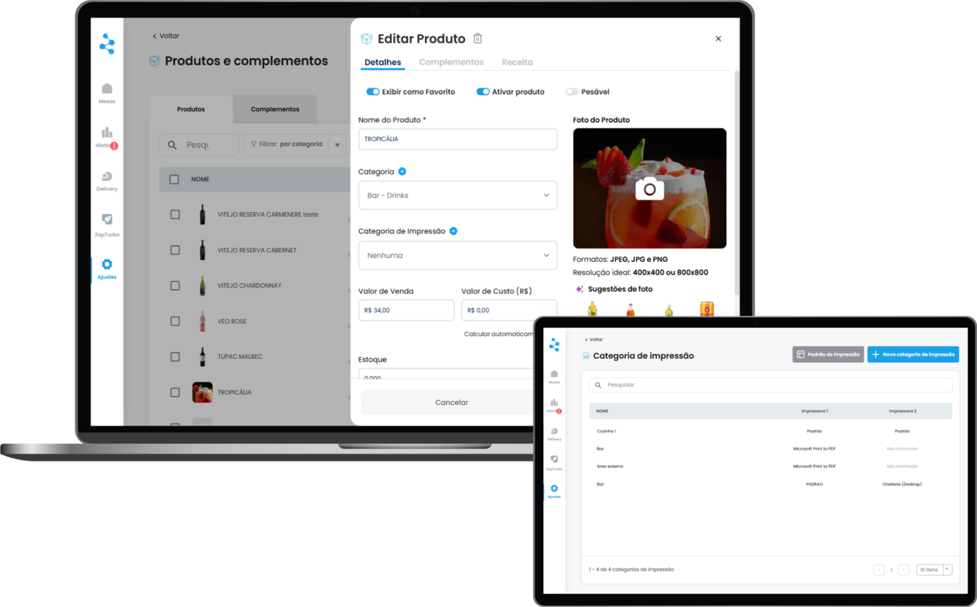 Cadastro de produto e categorias de impressão no sistema Yooga, em notebook e tablet