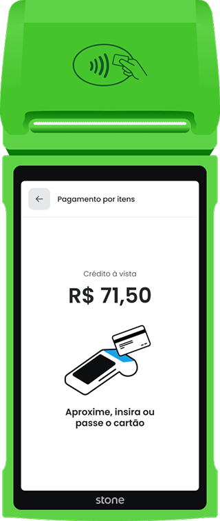 Maquininha SmartPOS da Stone na tela de pagamento por itens da Yooga
