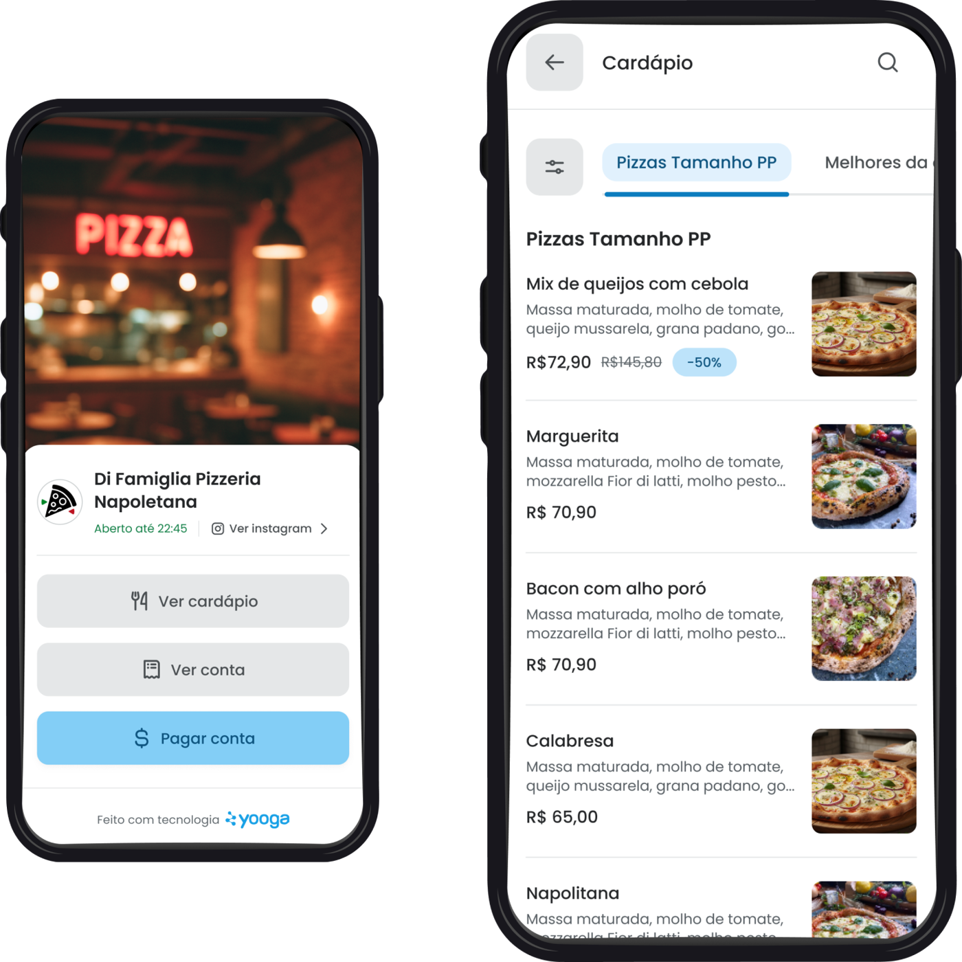 Garçom Digital da Yooga no celular: tela da pizzaria e cardápio