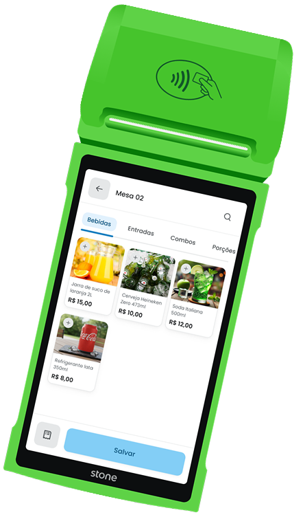Maquininha SmartPOS da Stone com o cardápio da mesa no sistema Yooga