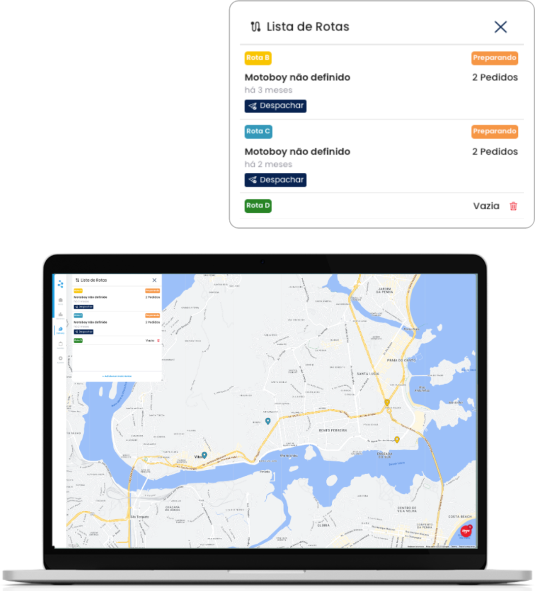 Mapa de pedidos e lista de rotas automáticas no sistema Yooga