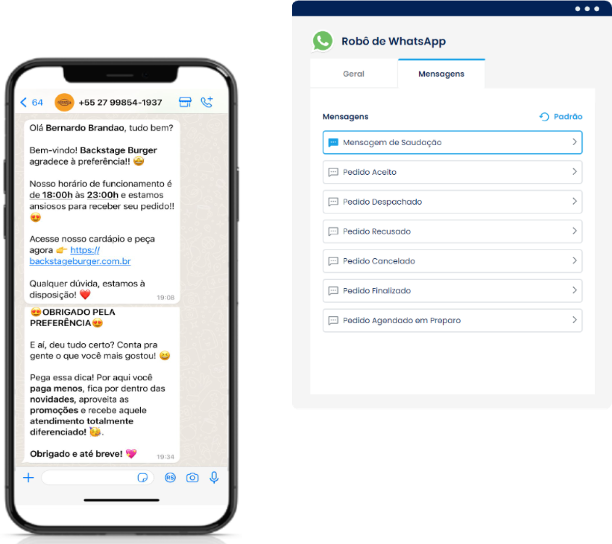 Conversa do Robô de WhatsApp e painel de mensagens da Yooga