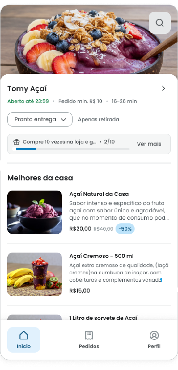 Cardápio digital da Yooga no celular, loja Tomy Açaí
