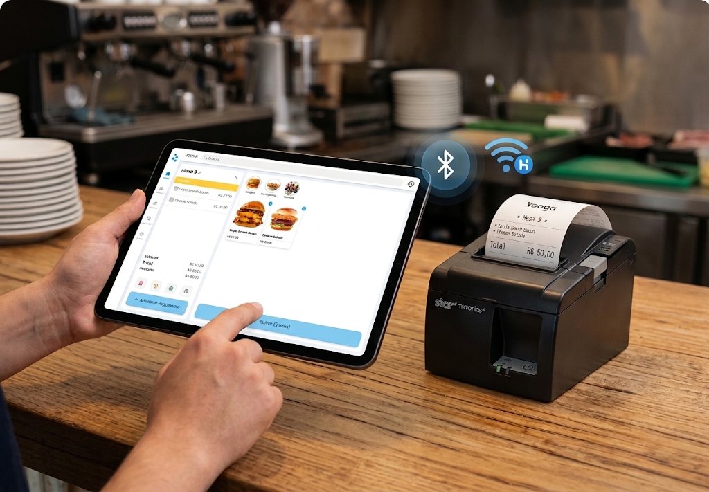 Tablet com o sistema Yooga enviando pedido para a impressora via Bluetooth e Wi-Fi