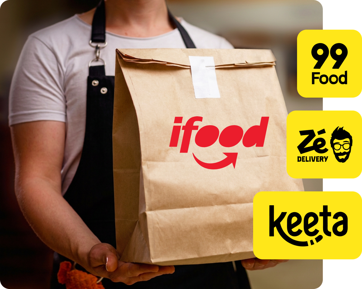 Entregador com sacola de delivery e logos de iFood, 99Food, Zé Delivery e Keeta