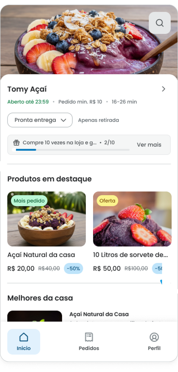 Cardápio digital com a seção de produtos em destaque