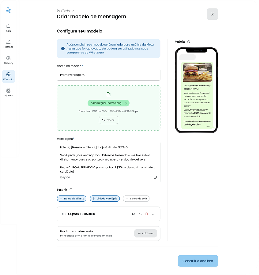 Criação de modelo de mensagem com cupom para o WhatsApp na Yooga