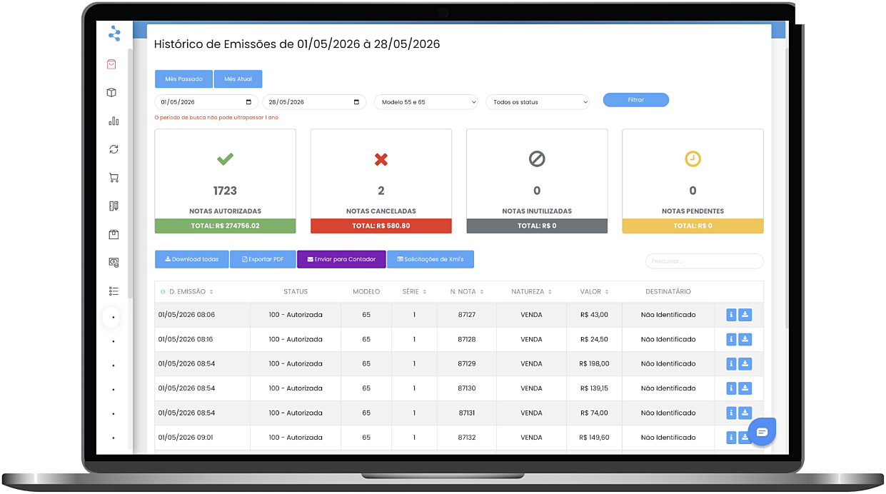 Histórico de emissões de notas fiscais no sistema Yooga, em um notebook